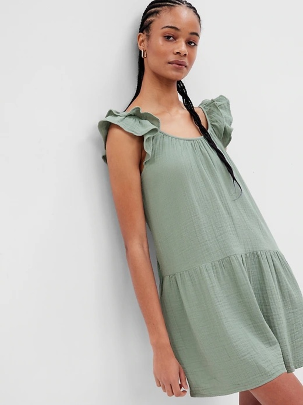 Gap Crinkle Gauze Mini Dress Sleeveless Ruffle Shoulder Tiered Sage Green NWT L